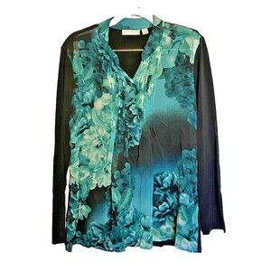Susan Graver Womens Tunic Top Sz Medium Floral Overlay Lined Long Sleeve Blouse